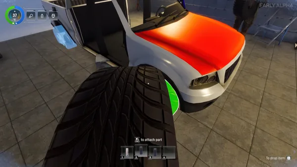 Arctic Drive first-person vehicle repair inside a garage