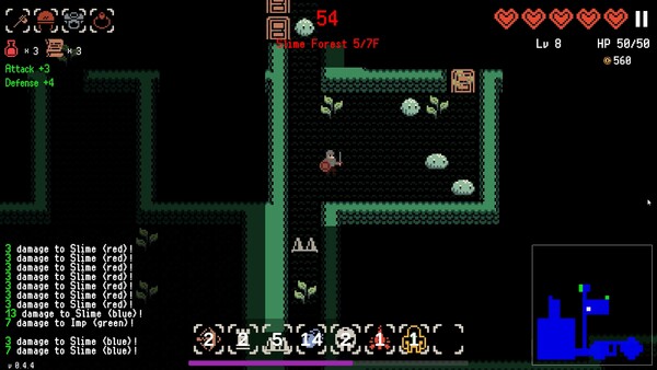 Delve Survivors Slime Forest dungeon showing health, equipment, skills and floor progress