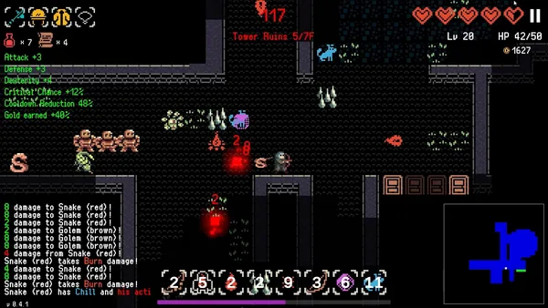 Delve Survivors gameplay in the Tower Ruins showing equipment, skills and dungeon progress