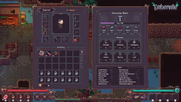 Emberville inventory and character statistics screen