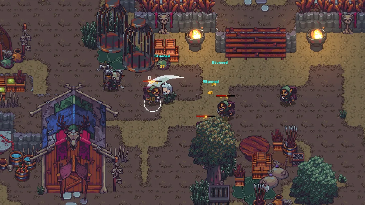Emberville character fighting enemies beside buildings in a settlement