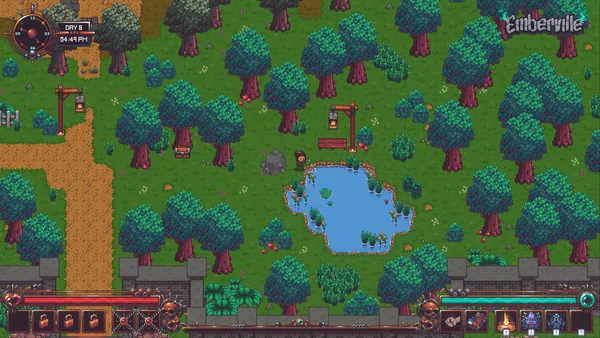 Emberville character exploring a bright forest clearing