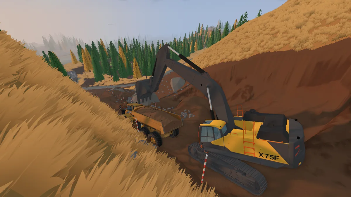 Groundwork Simulator excavator loading material into a dump truck
