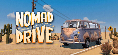 Nomad Drive logo beside a weathered van on a desert road