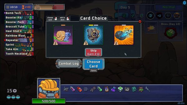 Topdeck Automat card choice screen with three card options, the current deck and upcoming boss timeline